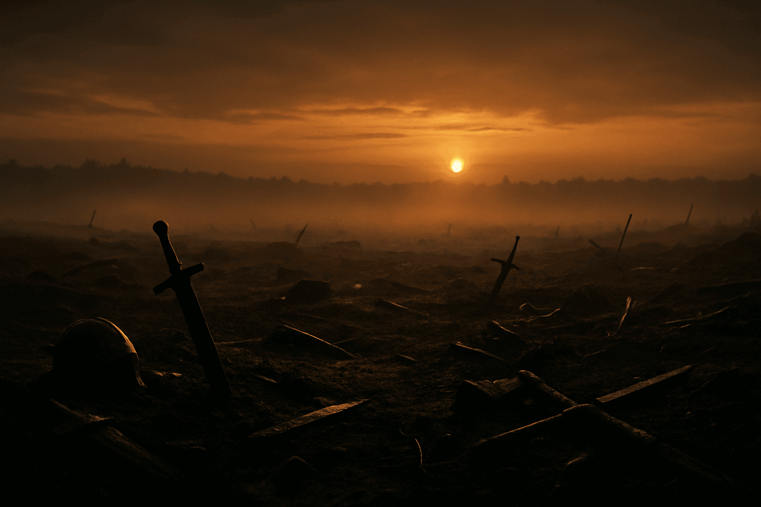 An abandoned battlefield at dusk